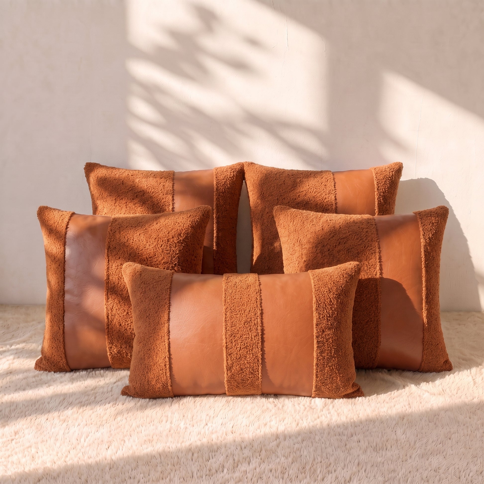 Five warm terracotta pillow covers arranged together, combining curly bouclé fabric with smooth faux leather panels across four square covers and one lumbar cover.
