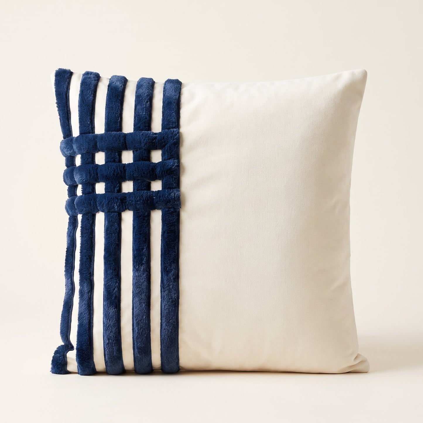Nautica Luxe square ivory cushion cover with velvet navy grid detailing