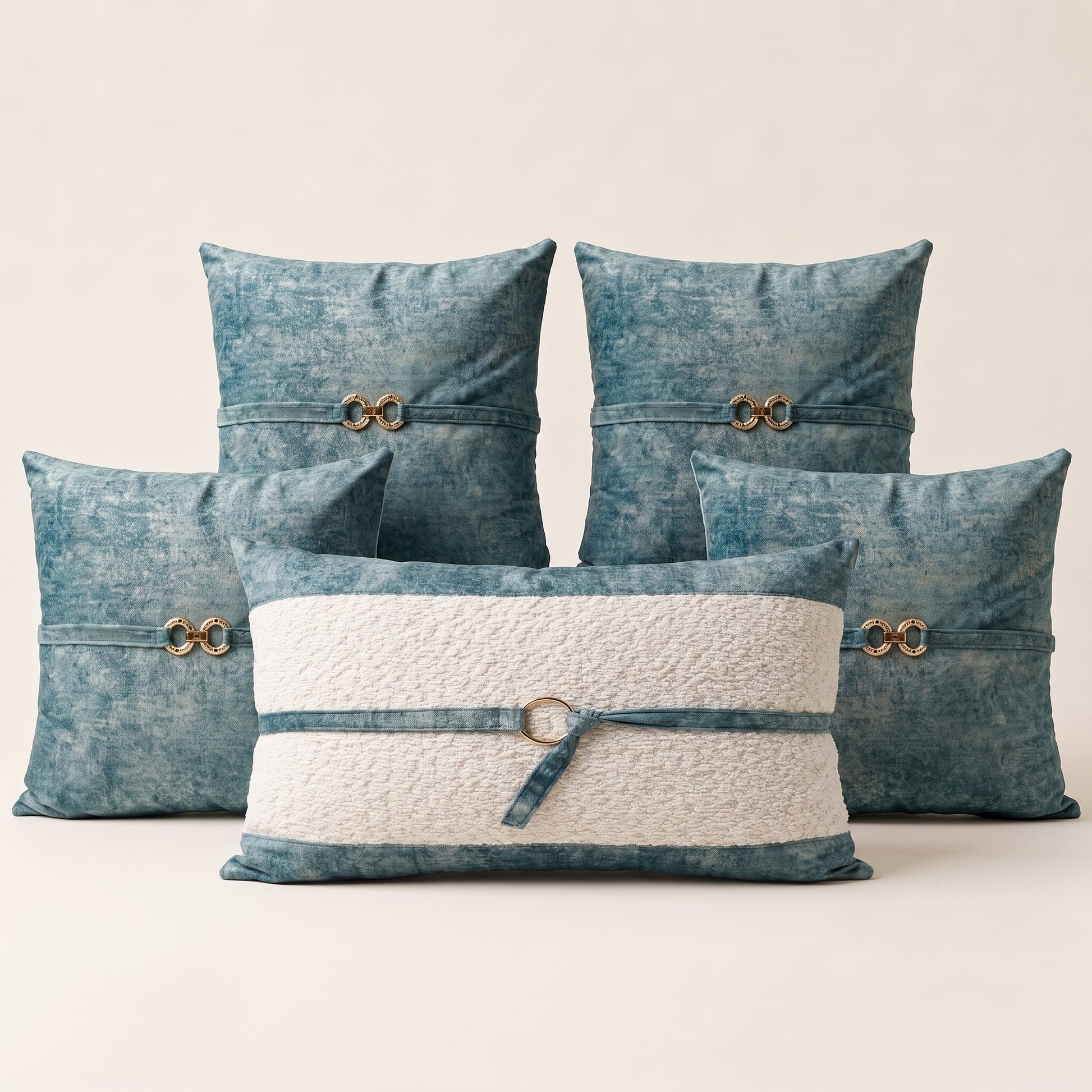 Casa Marina complete five-piece blue and ivory cushion cover set