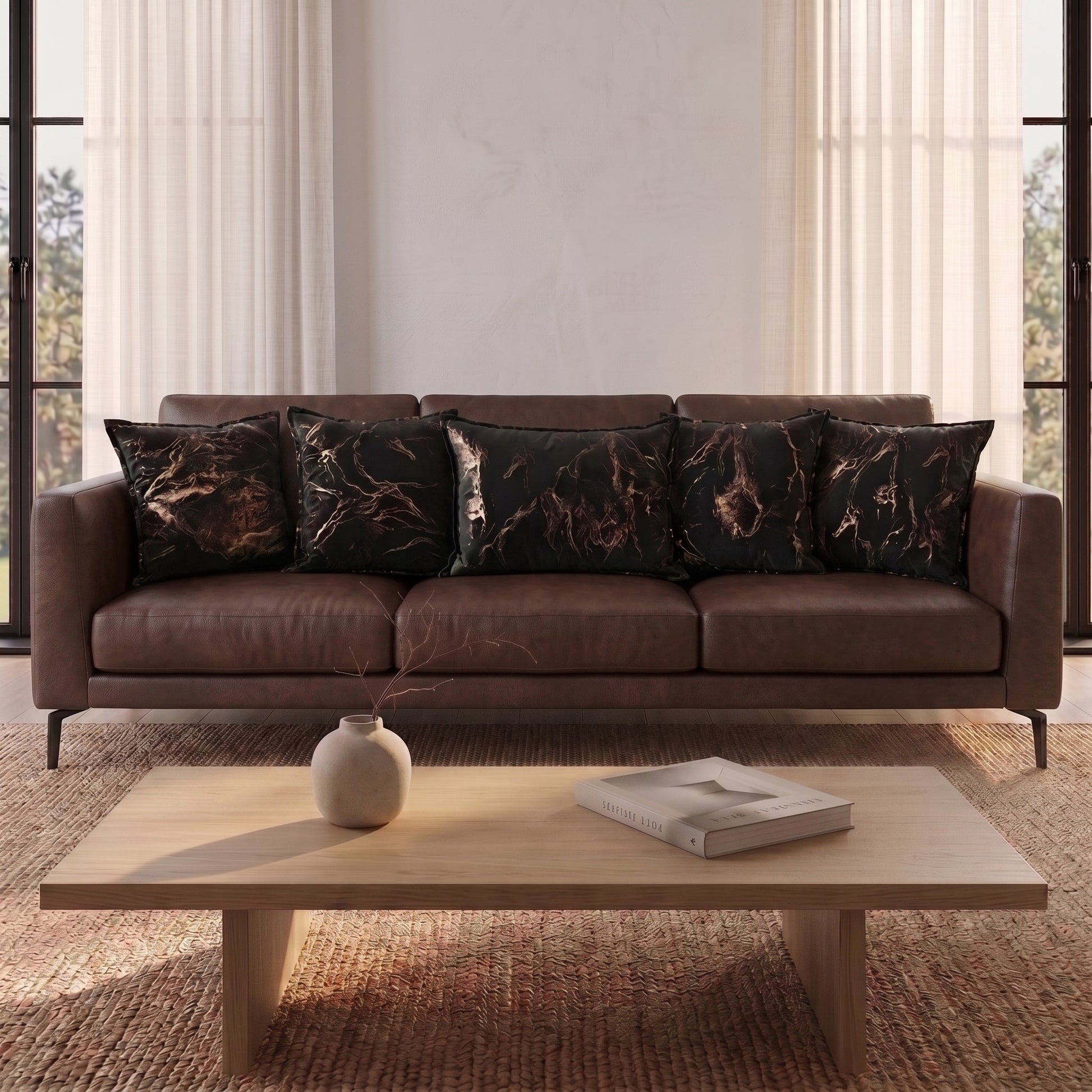 Golden Smoke cushion cover set styled in an elegant neutral interior

