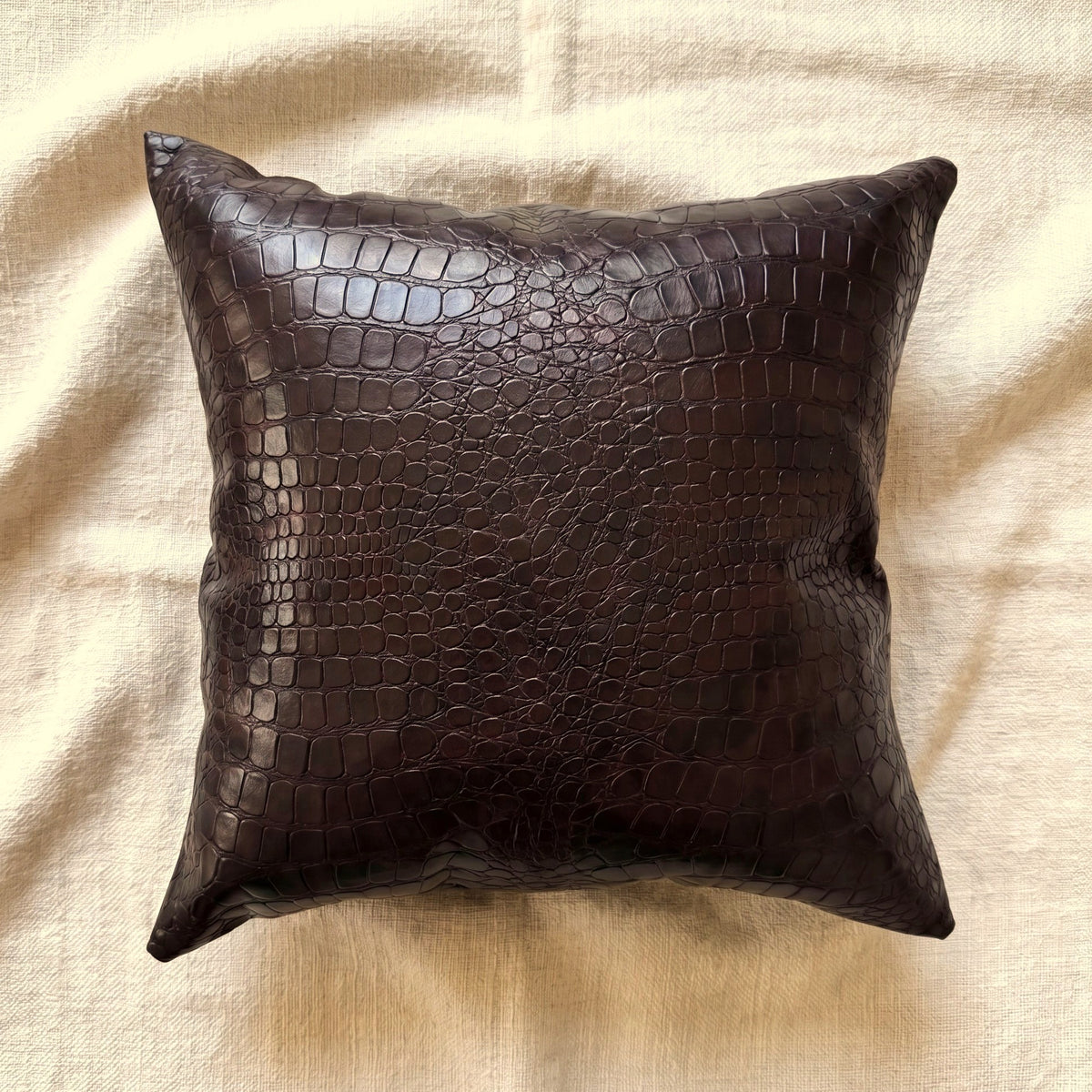 Croc Espresso square pillow cover in dark espresso-brown faux leather