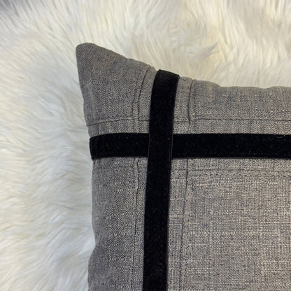 Close-up of Charcoal Chic fabric texture, stitching and decorative details
