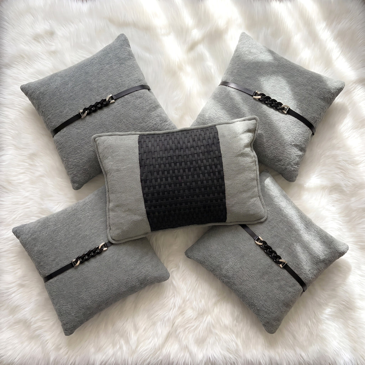 Gray Dominion complete five-piece gray and black pillow cover set with chain and woven detailing