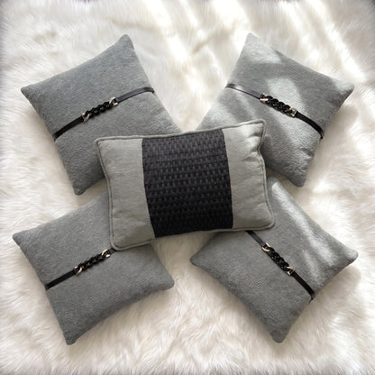 Gray Dominion complete five-piece gray and black pillow cover set with chain and woven detailing