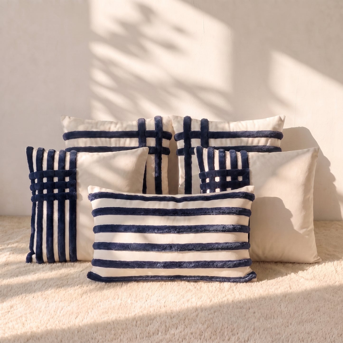 Five ivory and navy pillow covers arranged together, combining soft velvet with navy corduroy bands across four square covers and one lumbar cover.