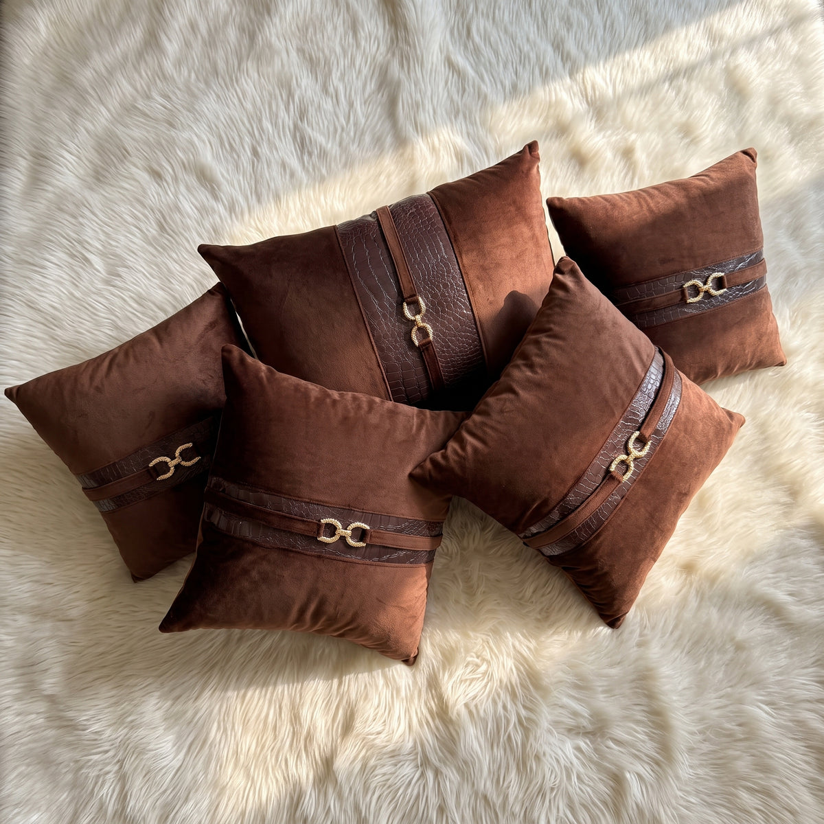 Mocha Crest complete five-piece deep chocolate brown pillow cover set with croc and gold detailing