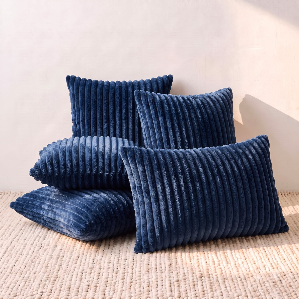 Five navy blue corduroy pillow covers arranged together, showing four square covers and one rectangular lumbar cover with raised ribbed texture.
