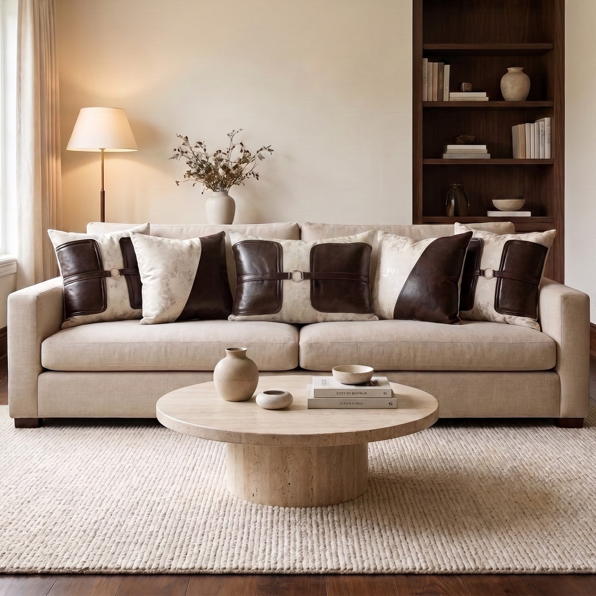 Ivory Belmont ivory and dark brown pillow covers styled on a warm neutral sofa