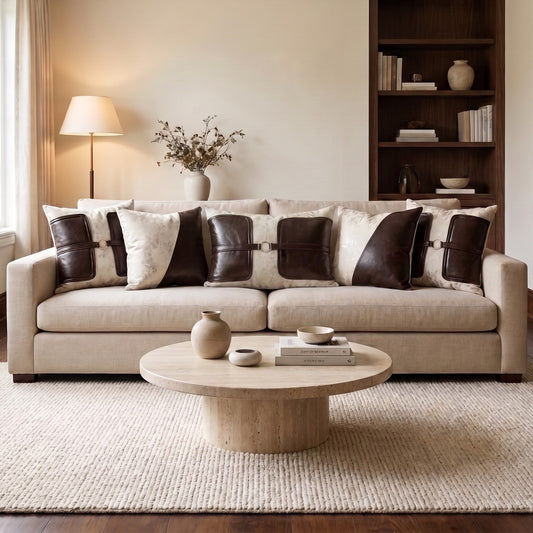 Ivory Belmont ivory and dark brown pillow covers styled on a warm neutral sofa