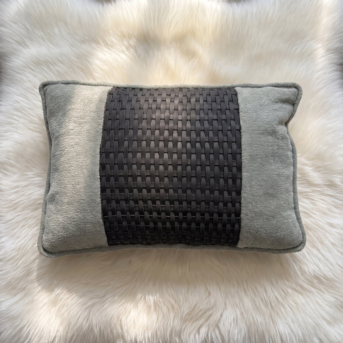 Gray Dominion rectangular lumbar pillow cover with black woven synthetic-leather center panel
