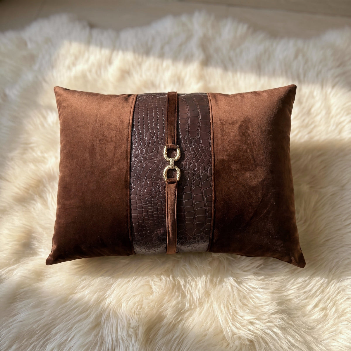 Mocha Crest rectangular lumbar pillow cover with croc-embossed faux leather and gold-tone hardware
