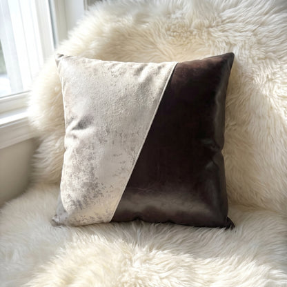 Ivory Belmont square pillow cover with ivory velvet and diagonal dark brown faux-leather panel