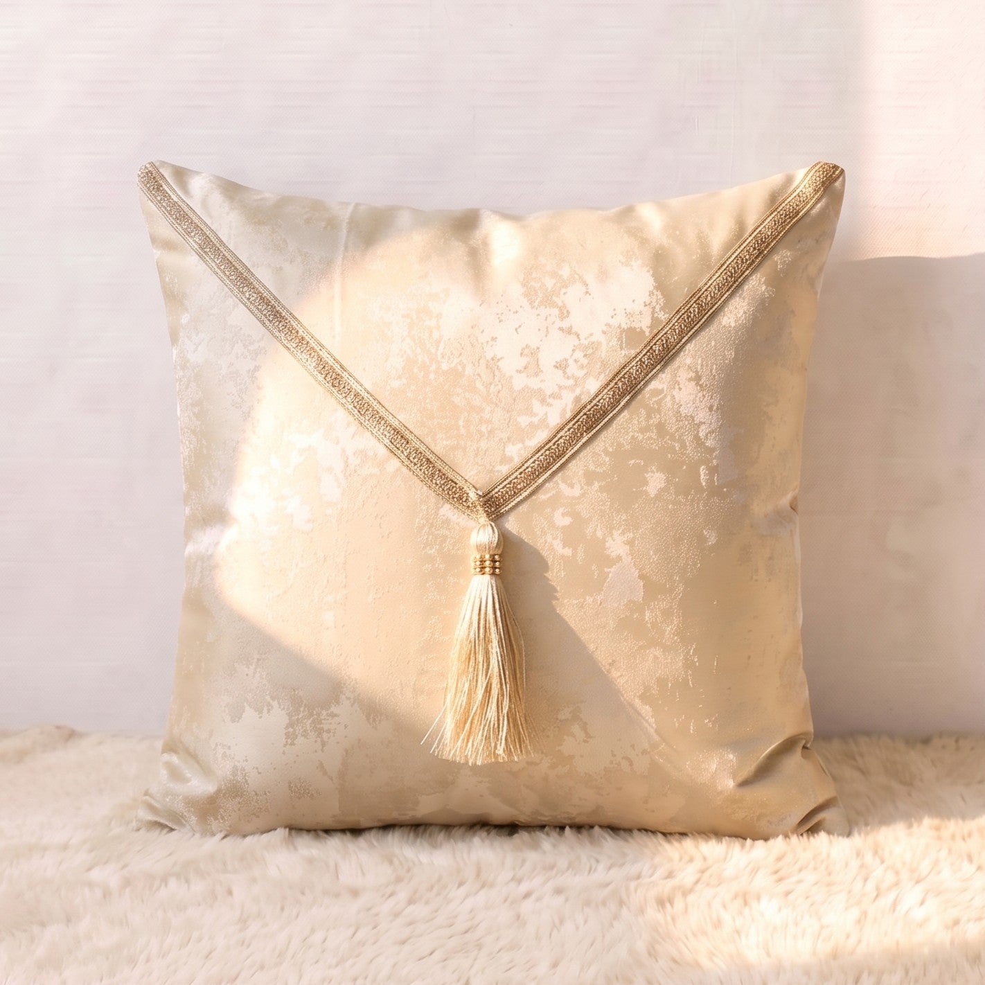 Champagne jacquard square pillow cover with V-shaped gold decorative lace and a centered tassel accent.

