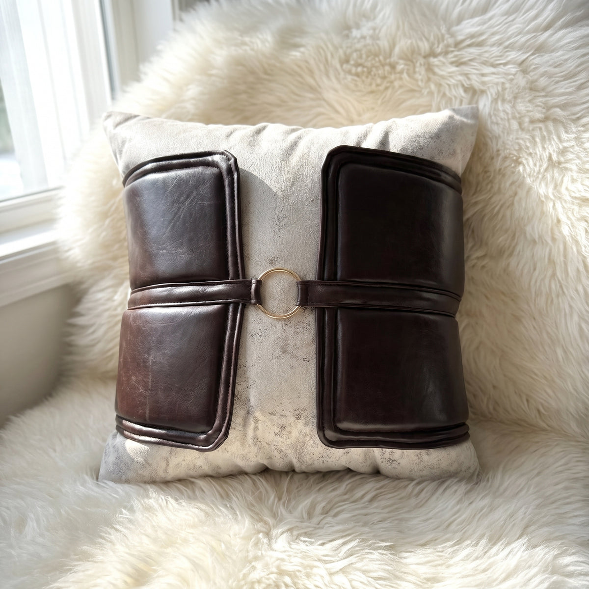 Ivory Belmont square pillow cover with dark brown faux-leather panels and gold-tone ring detail
