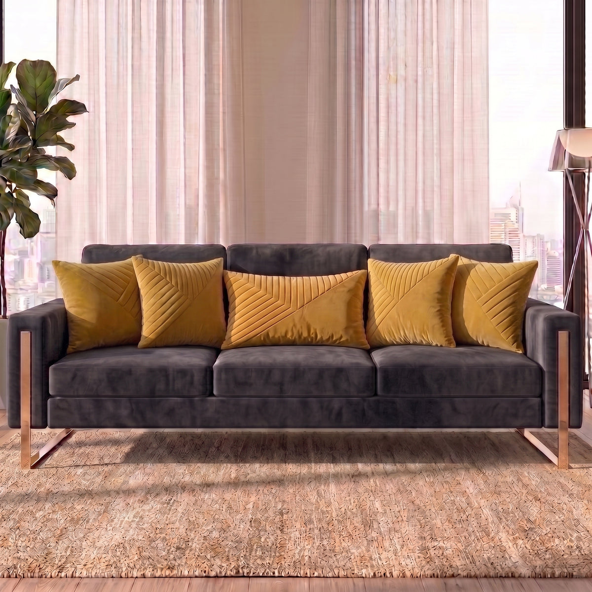 Velvet Vertex cushion cover set styled on a deep charcoal sofa