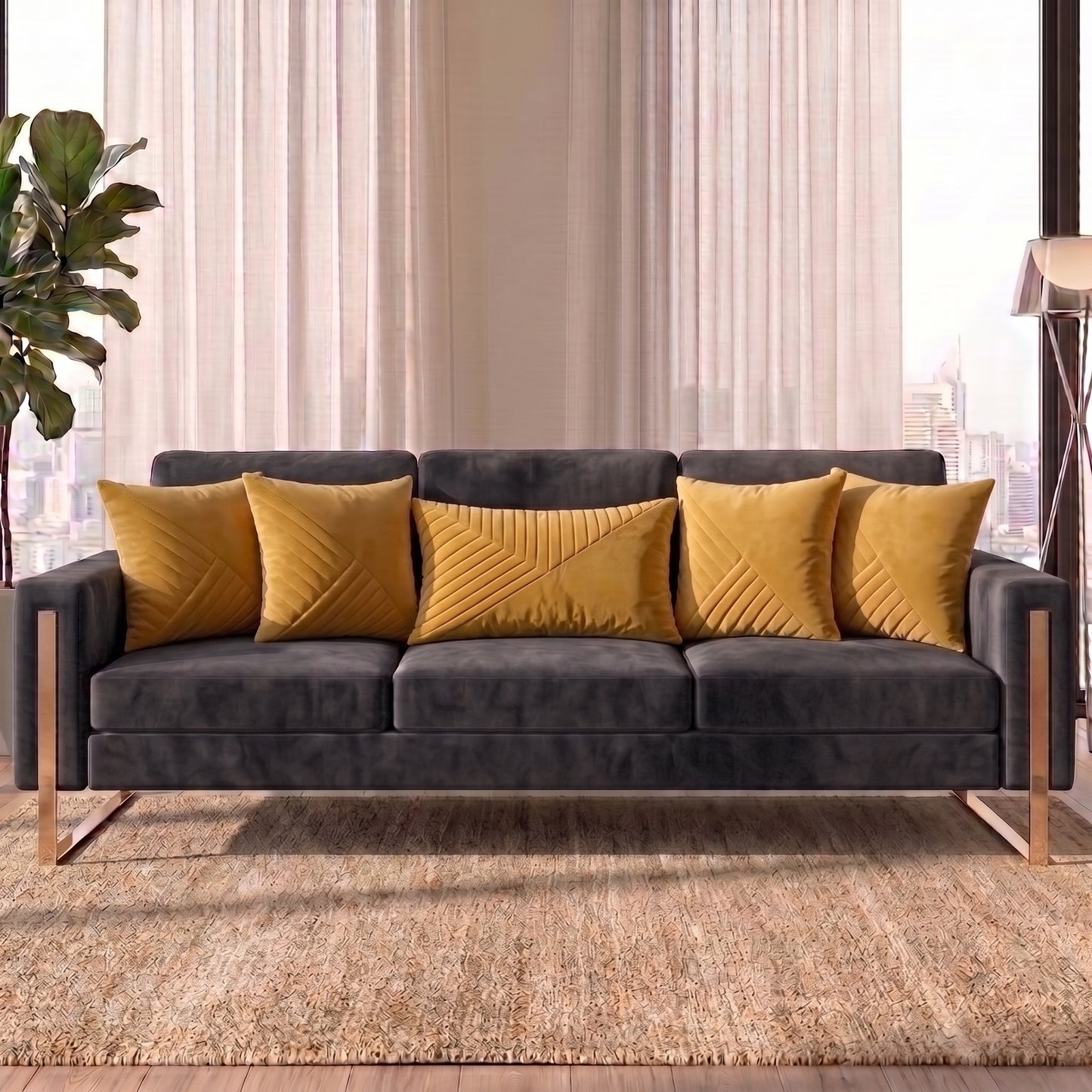 Velvet Vertex cushion cover set styled on a deep charcoal sofa