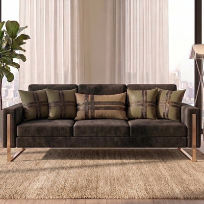 Monaco Bronze cushion cover set styled on a dark neutral sofa
