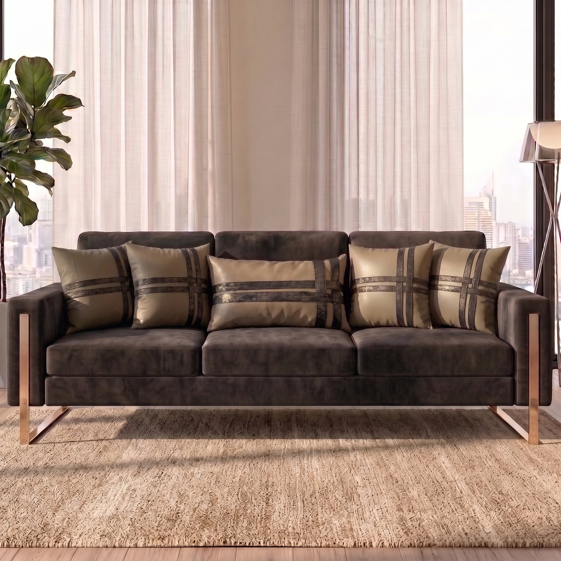 Monaco Bronze cushion cover set styled on a dark neutral sofa