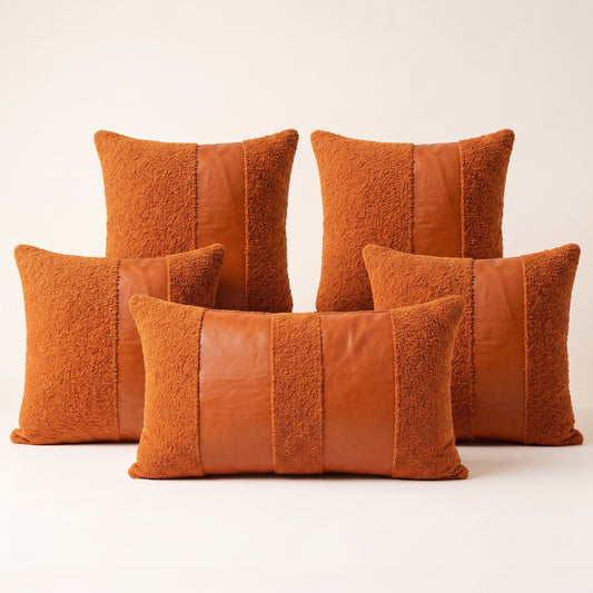 Rustic Amber complete five-piece orange and brown cushion cover set
