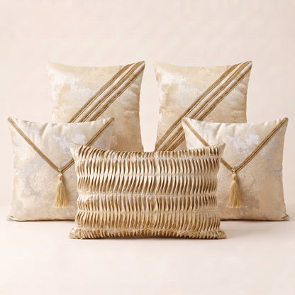 Golden Heritage complete five-piece gold and neutral cushion cover set
