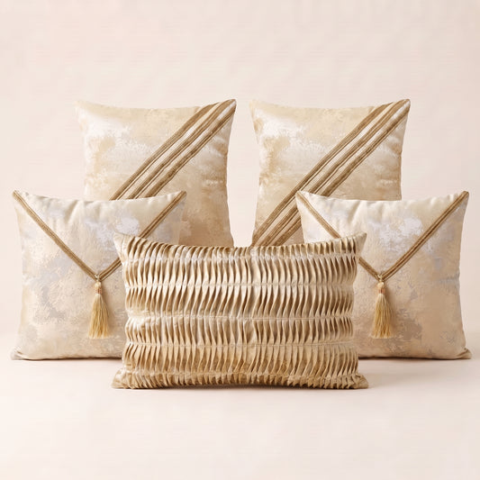 Golden Heritage complete five-piece gold and neutral cushion cover set
