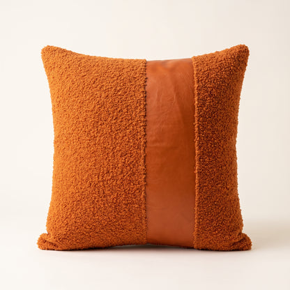 Rustic Amber square orange cushion cover with brown PU leather accents
