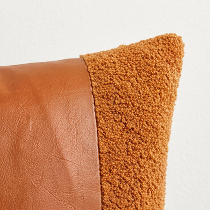 Close-up of Rustic Amber orange texture, brown PU leather and stitching
