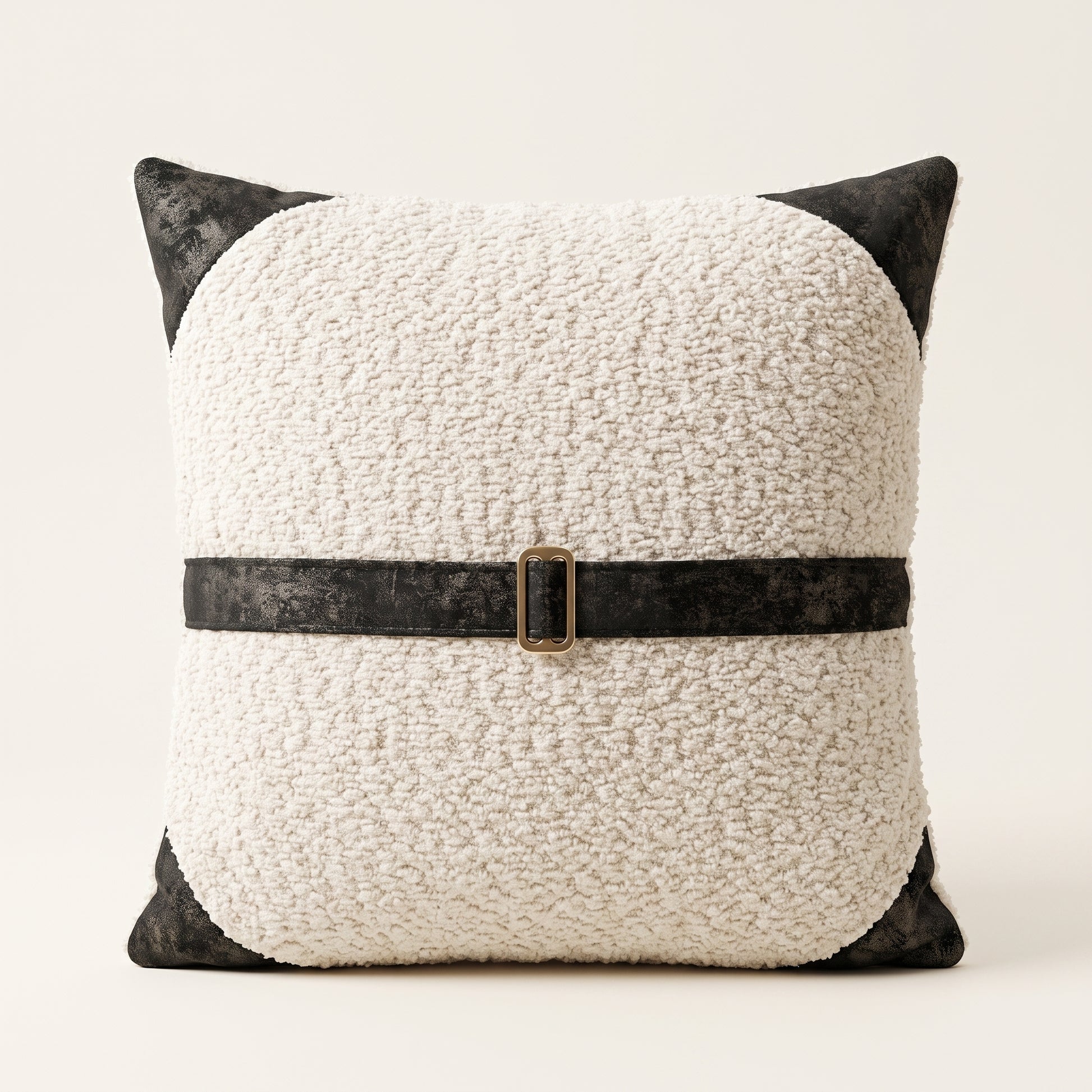 Dream Cloud square ivory cushion cover with black accents and bronze buckle