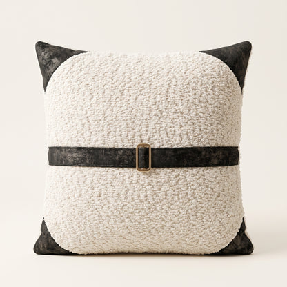 Dream Cloud square ivory cushion cover with black accents and bronze buckle