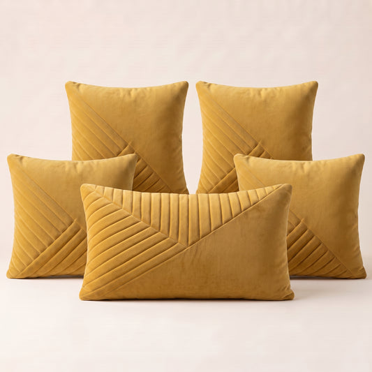 Velvet Vertex complete five-piece mustard-gold cushion cover set