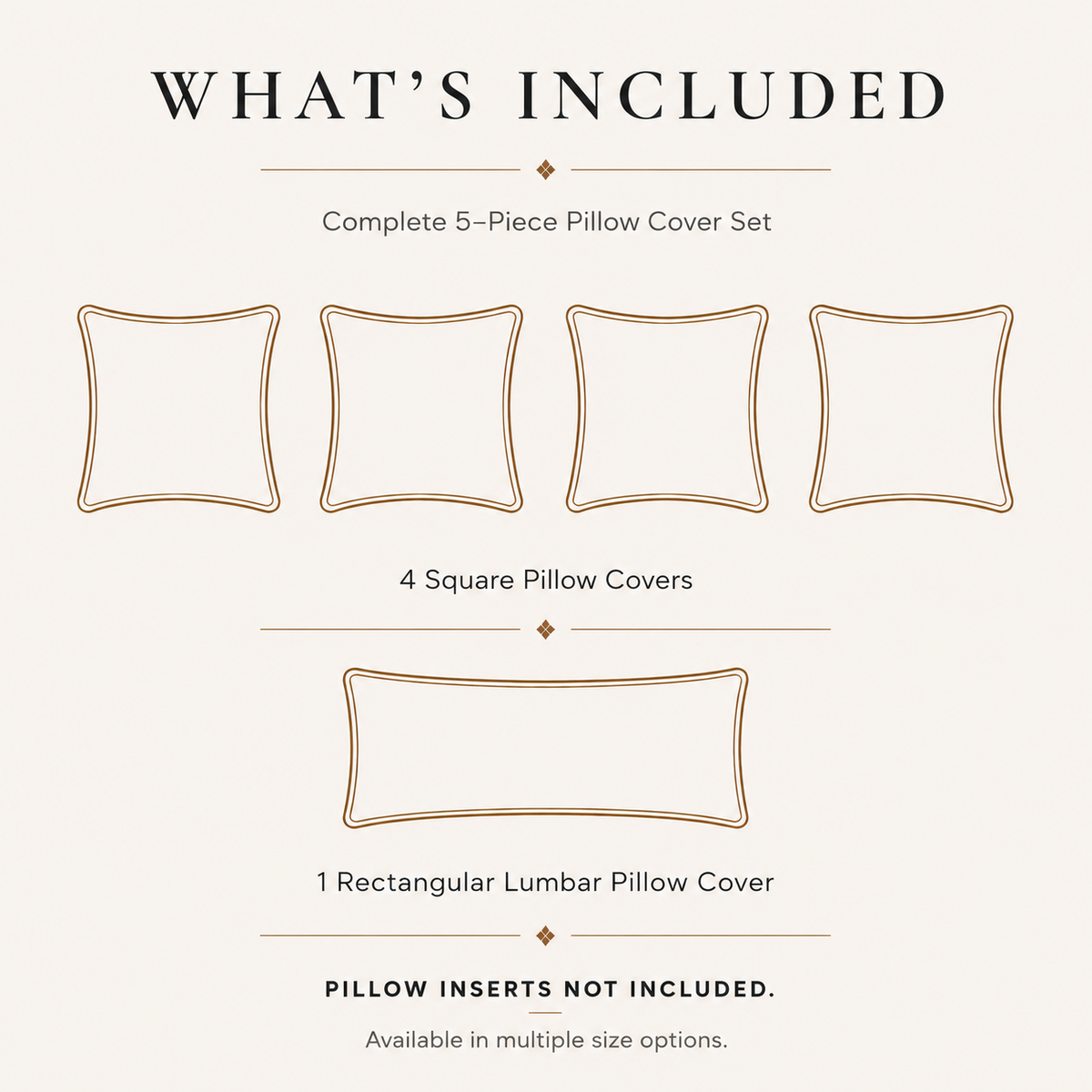Vaymere homes set contents showing four square covers and one rectangular lumbar cover. Pillow inserts are not included.