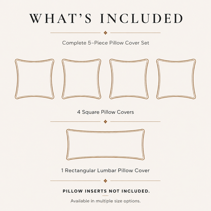 Vaymere homes set contents showing four square covers and one rectangular lumbar cover. Pillow inserts are not included.