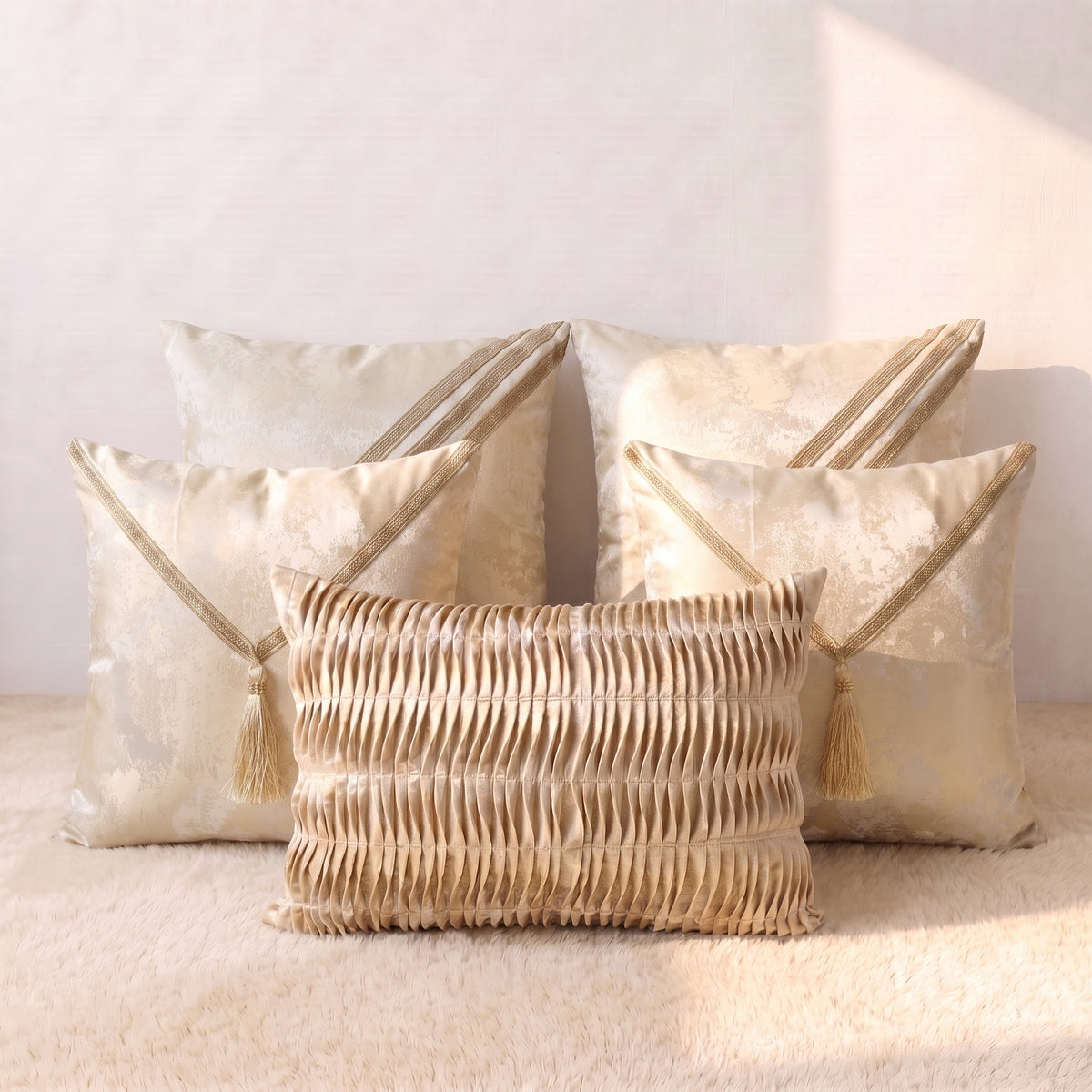 Five champagne-gold jacquard pillow covers arranged together, including tassel designs, decorative gold lace details and one pleated lumbar cover.