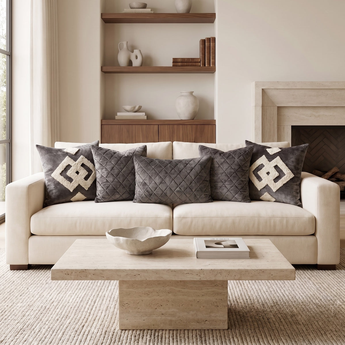 Graphite Mirage graphite and ivory pillow cover set styled on a warm ivory sofa