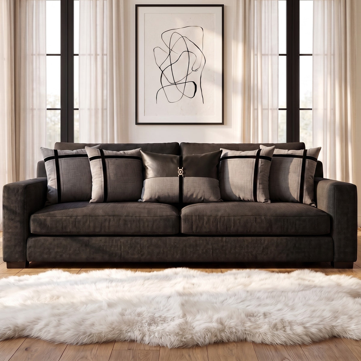 Charcoal Chic cushion cover set styled on a  sofa
