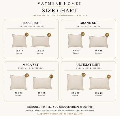 size guide showing Classic, Grand, Mega and Ultimate five-piece pillow cover dimensions.